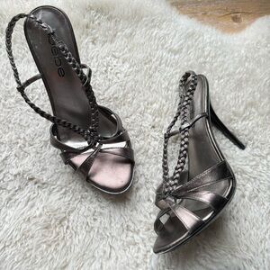 Bebe Goddess Pewter Metallic Braided Strap Open Toe Heels